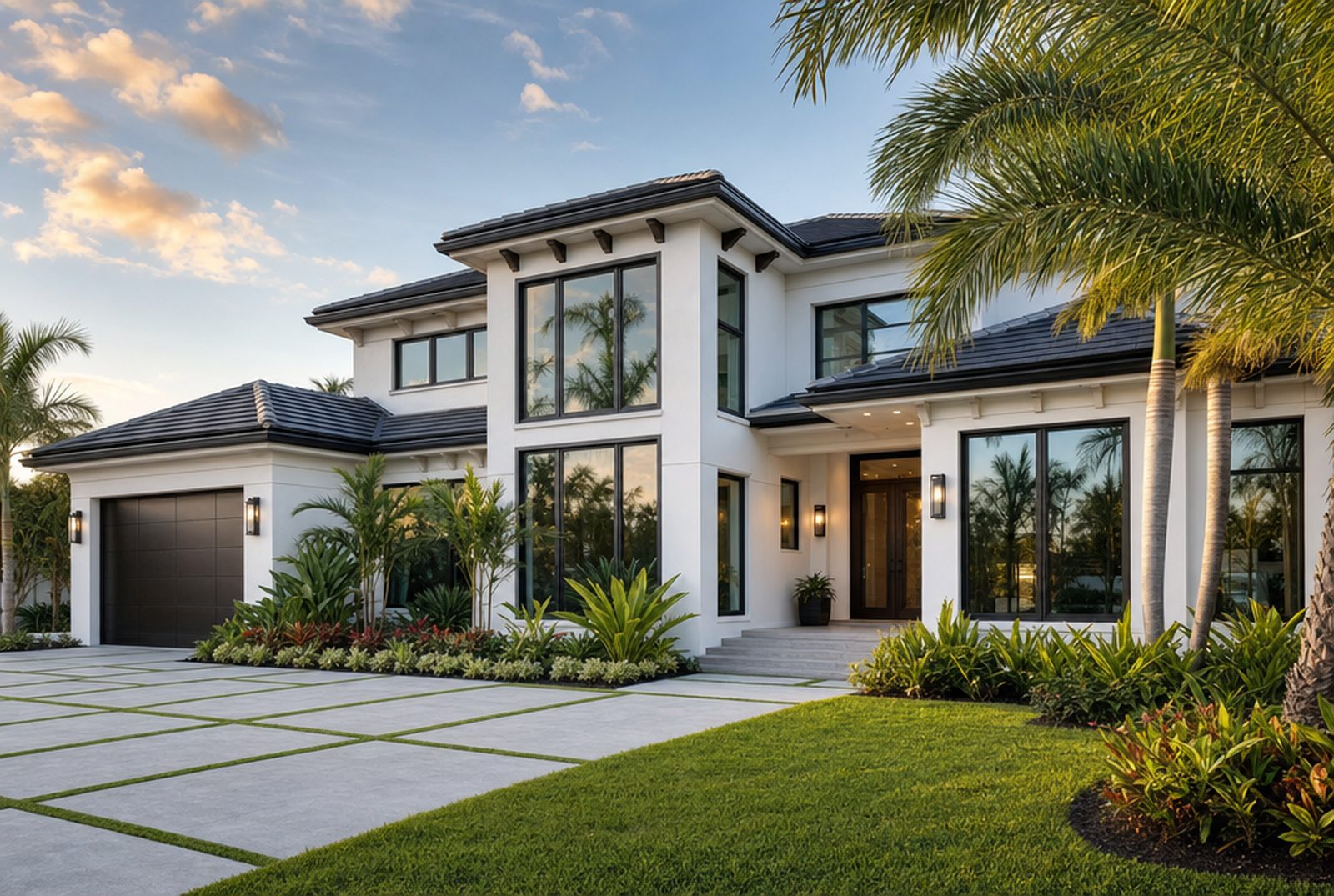 Florida home at dusk with large impact-rated glass openings and no visible shutter hardware