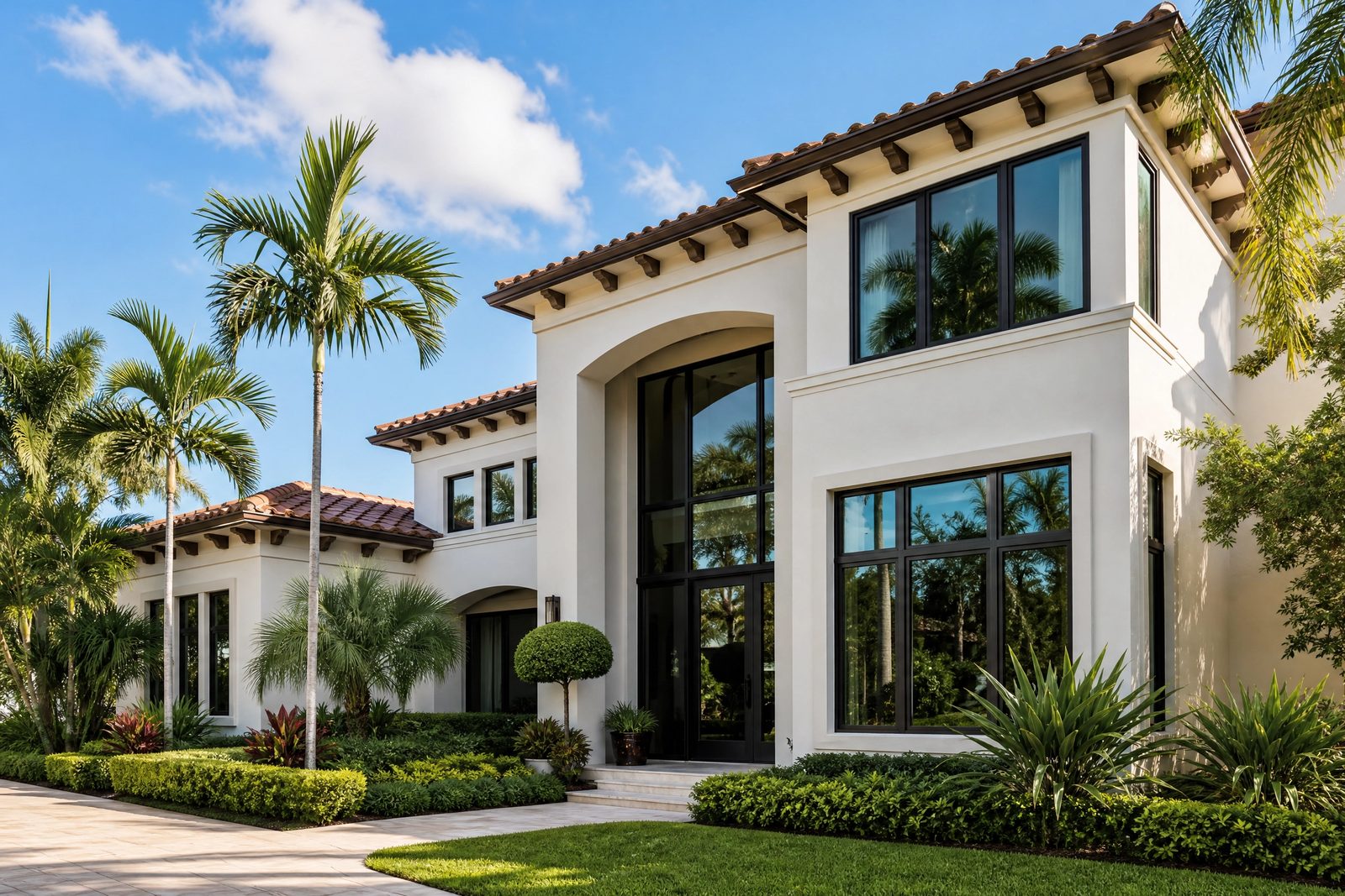 South Florida home with large black-framed impact-rated windows and a tile roof