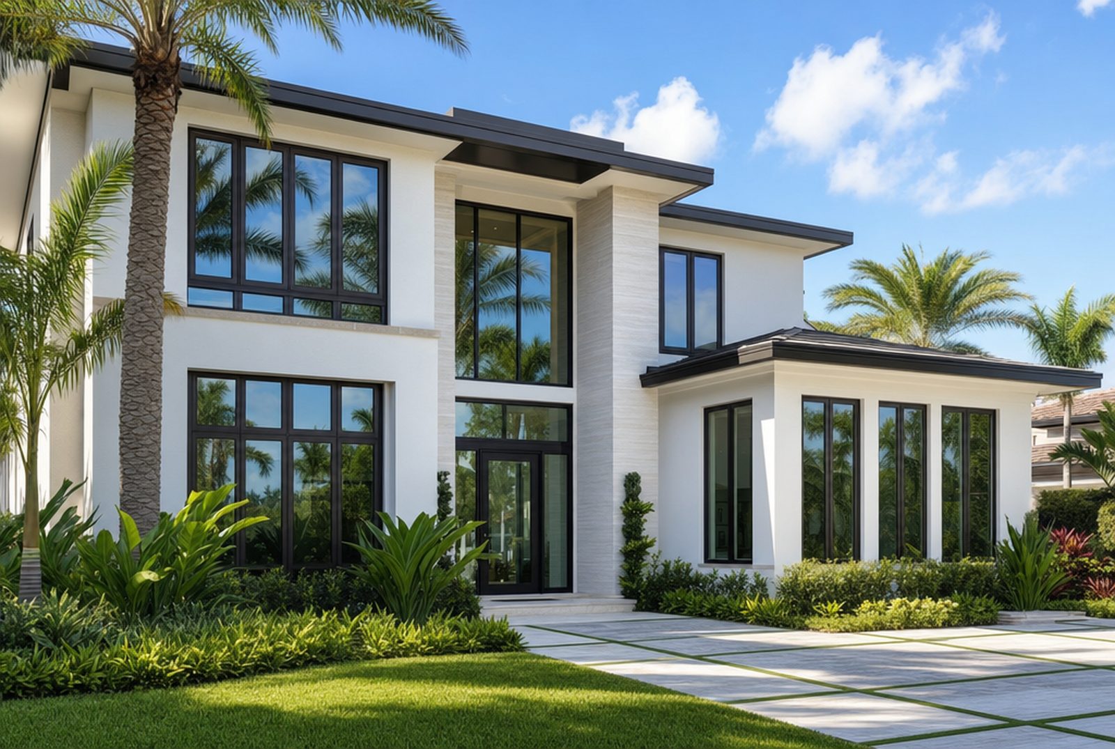 Modern South Florida two-story home with full-height black-framed impact windows